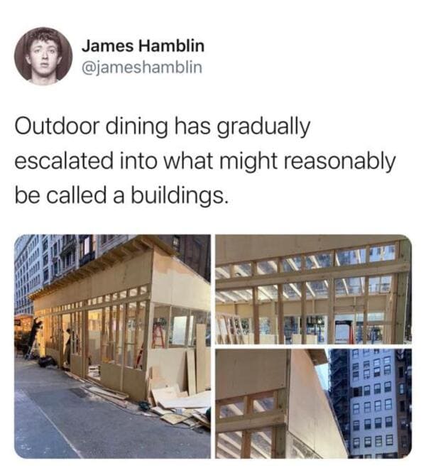outdoor dining escalated into buildings funny picture